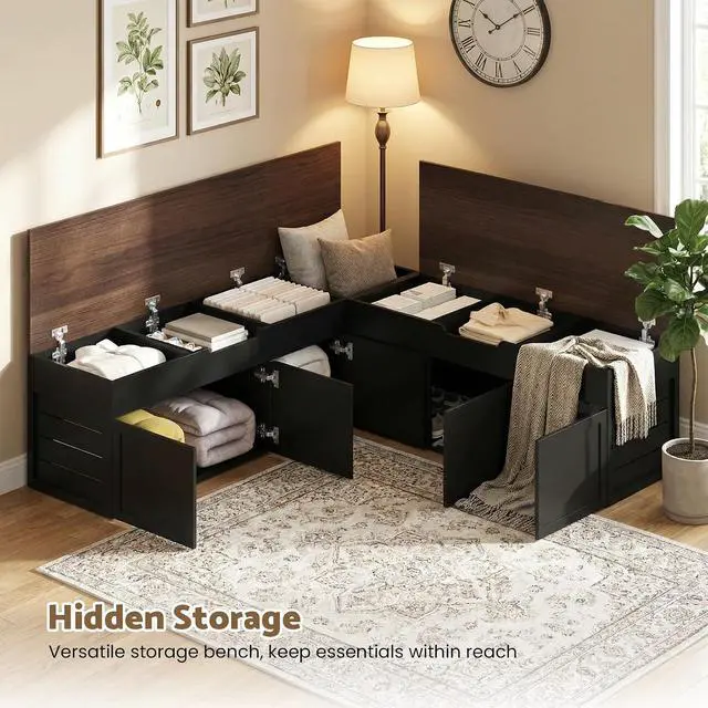 Alt view image 4 of 7 - L-Shaped Corner Storage Bench with Cushion, Backless Wood Bench with Hidden Storage, for Dining Nook, Kitchen, Entryway, Cloakroom (White+Walnut (No Cushion))