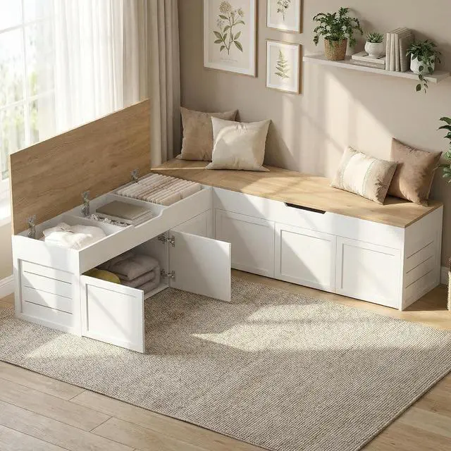 Main image of L-Shaped Corner Storage Bench with Cushion, Backless Wood Bench with Hidden Storage, for Dining Nook, Kitchen, Entryway, Cloakroom (Natural Wood (No Cushion))