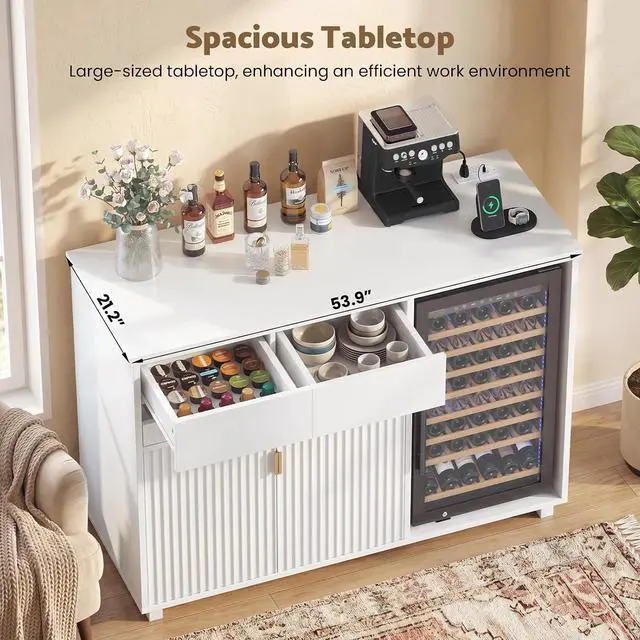 Alt view image 4 of 7 - 54" Modern Coffee Bar Cabinet with Fridge Space, Fluted Mini Fridge Cabinet with Outlet & Sliding Wine Storage Tray, Buffet Sideboard and Liquor Cabinet for Dorm, Dining Room, Living Room (White)