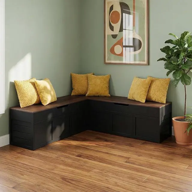 Alt view image 7 of 7 - L-Shaped Corner Storage Bench with Cushion, Backless Wood Bench with Hidden Storage, for Dining Nook, Kitchen, Entryway, Cloakroom (White+Walnut (No Cushion))