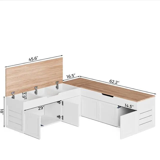 Alt view image 2 of 7 - L-Shaped Corner Storage Bench with Cushion, Backless Wood Bench with Hidden Storage, for Dining Nook, Kitchen, Entryway, Cloakroom (Natural Wood (No Cushion))