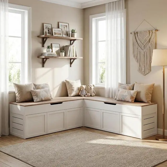 Alt view image 3 of 7 - L-Shaped Corner Storage Bench with Cushion, Backless Wood Bench with Hidden Storage, for Dining Nook, Kitchen, Entryway, Cloakroom (Natural Wood (No Cushion))