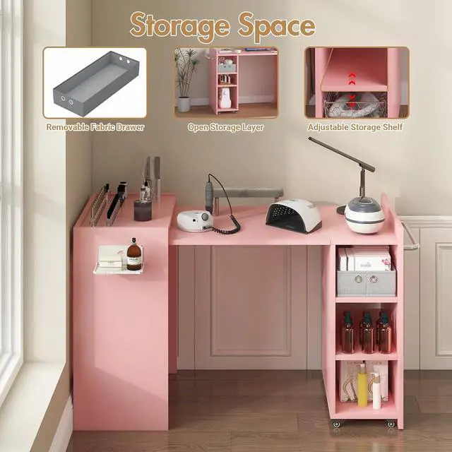 Alt view image 2 of 6 - Foldable Manicure Table Nail Desk, Expandable Nail Tech Table with Storage Fabric Drawer & Adjustable Shelves, Wall Mount Nail Station Modern Multipurpose Table for Home Office Beauty Spa Salon, Pink