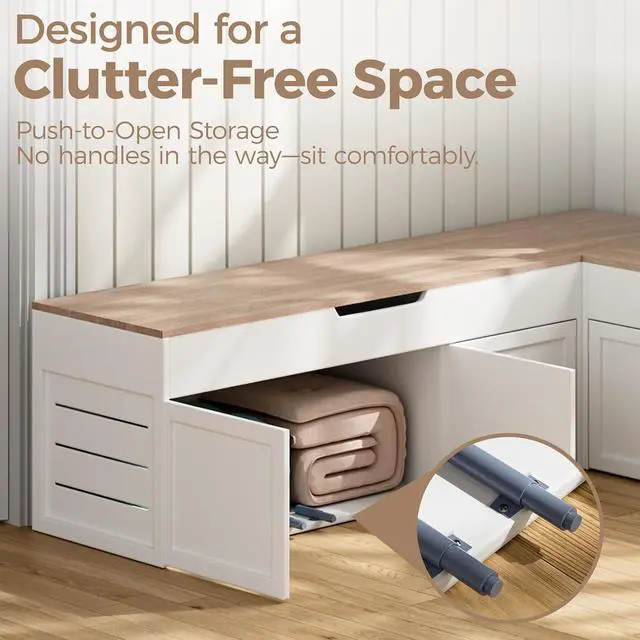 Alt view image 5 of 7 - L-Shaped Corner Storage Bench with Cushion, Backless Wood Bench with Hidden Storage, for Dining Nook, Kitchen, Entryway, Cloakroom (Natural Wood (No Cushion))