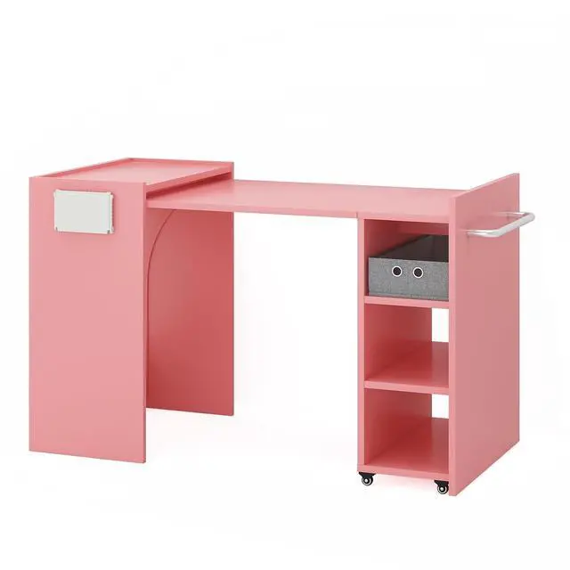 Alt view image 6 of 6 - Foldable Manicure Table Nail Desk, Expandable Nail Tech Table with Storage Fabric Drawer & Adjustable Shelves, Wall Mount Nail Station Modern Multipurpose Table for Home Office Beauty Spa Salon, Pink