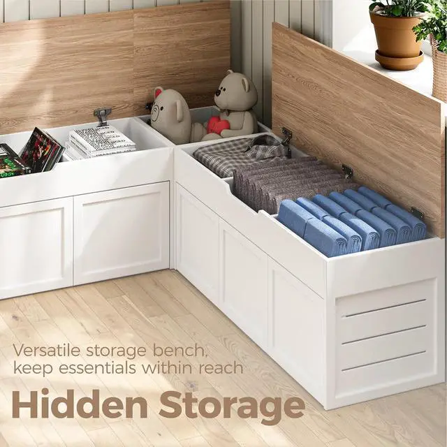 Alt view image 4 of 7 - L-Shaped Corner Storage Bench with Cushion, Backless Wood Bench with Hidden Storage, for Dining Nook, Kitchen, Entryway, Cloakroom (Natural Wood (No Cushion))