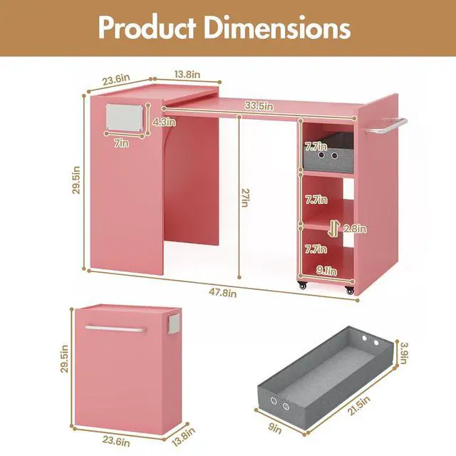 Alt view image 4 of 6 - Foldable Manicure Table Nail Desk, Expandable Nail Tech Table with Storage Fabric Drawer & Adjustable Shelves, Wall Mount Nail Station Modern Multipurpose Table for Home Office Beauty Spa Salon, Pink
