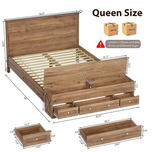 Alt view image 2 of 7 - Farmhouse Queen Bed Frame with Headboard and Storage Bench (Rustic Brown) | Wooden Platform Bed Queen Size, LED Light Strip, 3 Drawers, 2 Flip-Top Compartments, Wood Slat Support, No Box Spring Needed