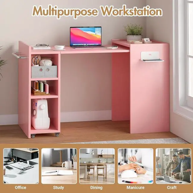 Alt view image 5 of 6 - Foldable Manicure Table Nail Desk, Expandable Nail Tech Table with Storage Fabric Drawer & Adjustable Shelves, Wall Mount Nail Station Modern Multipurpose Table for Home Office Beauty Spa Salon, Pink