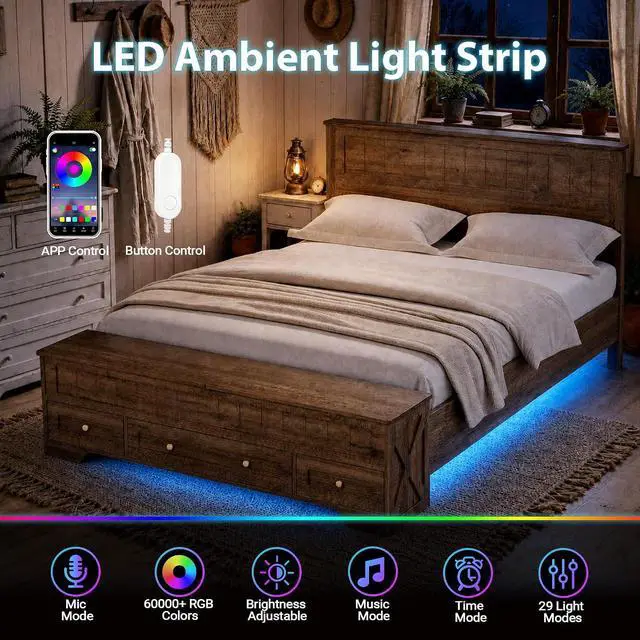 Alt view image 5 of 7 - Farmhouse Queen Bed Frame with Headboard and Storage Bench (Rustic Brown) | Wooden Platform Bed Queen Size, LED Light Strip, 3 Drawers, 2 Flip-Top Compartments, Wood Slat Support, No Box Spring Needed