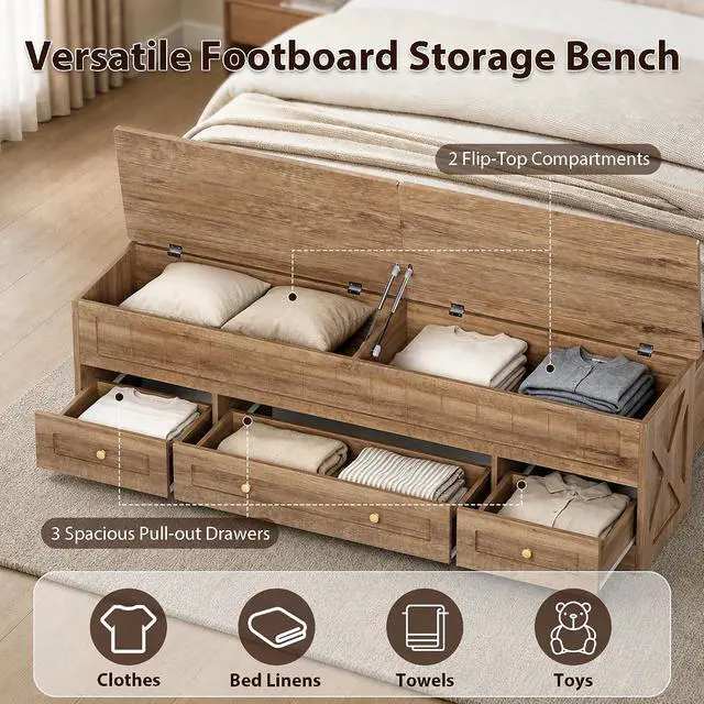 Alt view image 3 of 7 - Farmhouse Queen Bed Frame with Headboard and Storage Bench (Rustic Brown) | Wooden Platform Bed Queen Size, LED Light Strip, 3 Drawers, 2 Flip-Top Compartments, Wood Slat Support, No Box Spring Needed