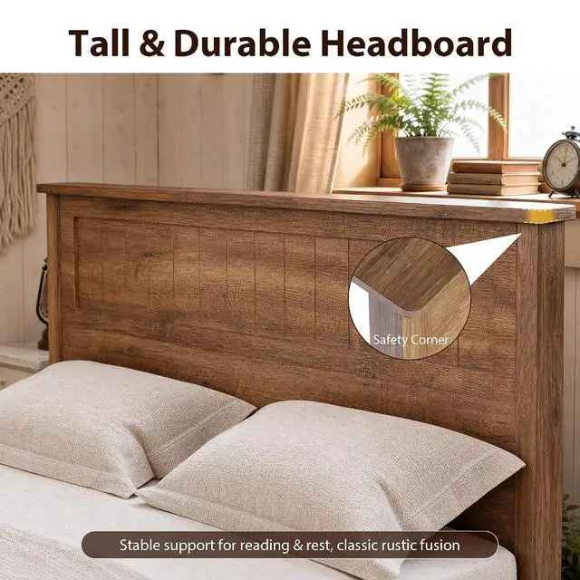 Alt view image 4 of 7 - Farmhouse Queen Bed Frame with Headboard and Storage Bench (Rustic Brown) | Wooden Platform Bed Queen Size, LED Light Strip, 3 Drawers, 2 Flip-Top Compartments, Wood Slat Support, No Box Spring Needed