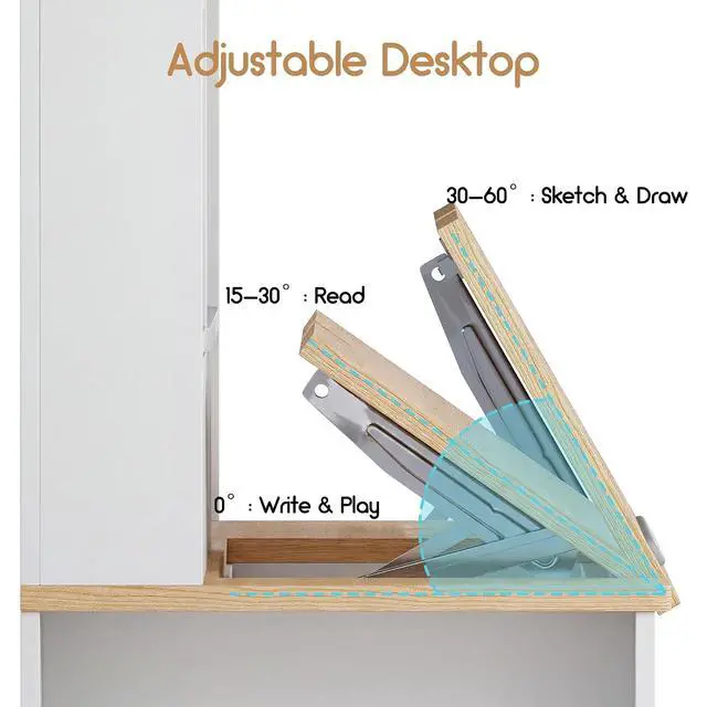 Alt view image 3 of 7 - Kids Desk and Chair Set, Wooden Study Table with Tiltable Desktop, Hutch, Drawer & Storage Cabinet, Multi-Functional Writing Desk for Kids Ages 5-12, Ideal for Bedroom (Wood)