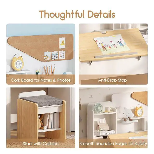 Alt view image 4 of 7 - Kids Desk and Chair Set, Wooden Study Table with Tiltable Desktop, Hutch, Drawer & Storage Cabinet, Multi-Functional Writing Desk for Kids Ages 5-12, Ideal for Bedroom (Wood)