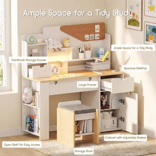 Alt view image 5 of 7 - Kids Desk and Chair Set, Wooden Study Table with Tiltable Desktop, Hutch, Drawer & Storage Cabinet, Multi-Functional Writing Desk for Kids Ages 5-12, Ideal for Bedroom (Wood)