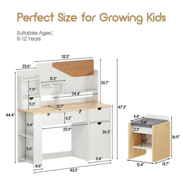 Alt view image 6 of 7 - Kids Desk and Chair Set, Wooden Study Table with Tiltable Desktop, Hutch, Drawer & Storage Cabinet, Multi-Functional Writing Desk for Kids Ages 5-12, Ideal for Bedroom (Wood)