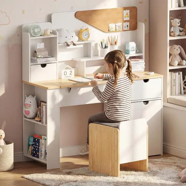 Alt view image 7 of 7 - Kids Desk and Chair Set, Wooden Study Table with Tiltable Desktop, Hutch, Drawer & Storage Cabinet, Multi-Functional Writing Desk for Kids Ages 5-12, Ideal for Bedroom (Wood)
