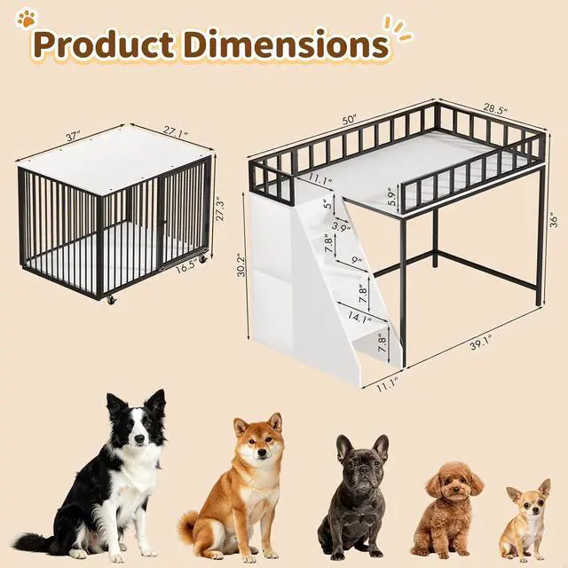 Alt view image 2 of 7 - 37" Dog Crate Furniture, Wooden Dog Kennel Indoor with Storage (White) | Heavy Duty Pet Cage Indoor for Small & Medium Dogs, Dog Kennel with Storage Shelf, 4 Lockable Wheels and Stairs, Loft-Style