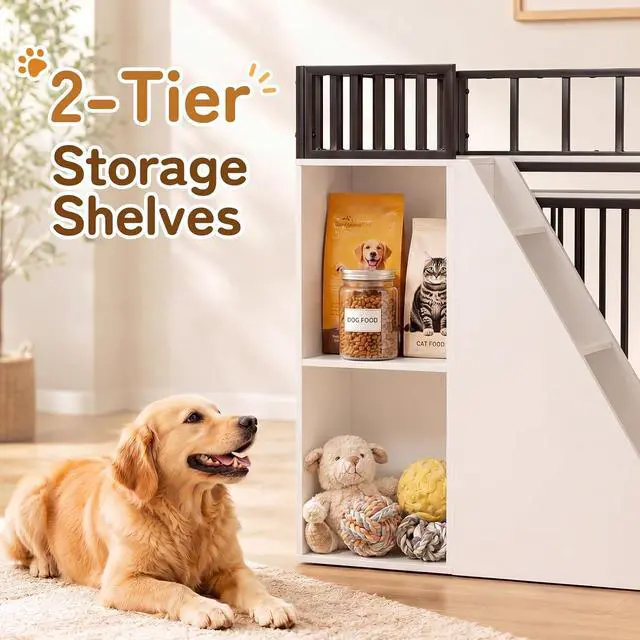 Alt view image 4 of 7 - 37" Dog Crate Furniture, Wooden Dog Kennel Indoor with Storage (White) | Heavy Duty Pet Cage Indoor for Small & Medium Dogs, Dog Kennel with Storage Shelf, 4 Lockable Wheels and Stairs, Loft-Style