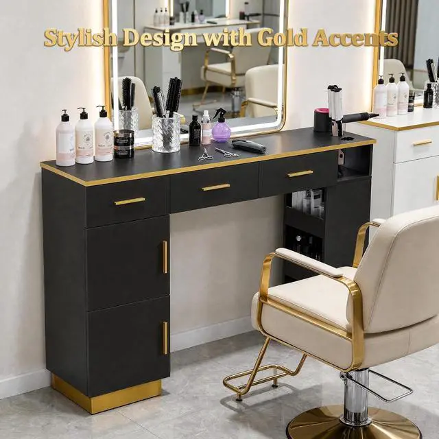 Alt view image 7 of 7 - Salon Station for Hair Stylist, Freestanding Barber Desk with 2 Cabinets, 3 Drawers & Open Storage Shelves, Hair Salon Furniture for Salon, Spa & Beauty, Black