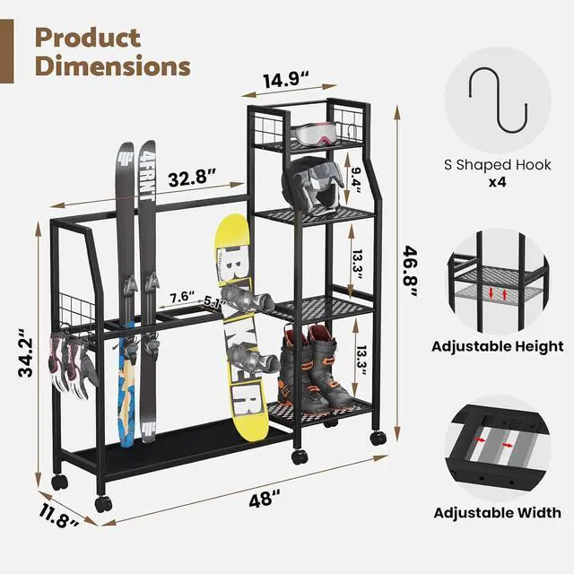 Alt view image 2 of 7 - 4-Tier Freestanding Snowboard Rack for 4 Pairs of Skis, 3 Snowboards, Boots, Poles, Goggles, Helmets, Ski Storage Rack with Adjustable Shelves, Snowboard Stand for Home, Garage