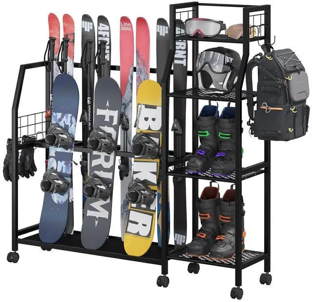 Main image of 4-Tier Freestanding Snowboard Rack for 4 Pairs of Skis, 3 Snowboards, Boots, Poles, Goggles, Helmets, Ski Storage Rack with Adjustable Shelves, Snowboard Stand for Home, Garage