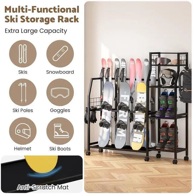Alt view image 3 of 7 - 4-Tier Freestanding Snowboard Rack for 4 Pairs of Skis, 3 Snowboards, Boots, Poles, Goggles, Helmets, Ski Storage Rack with Adjustable Shelves, Snowboard Stand for Home, Garage
