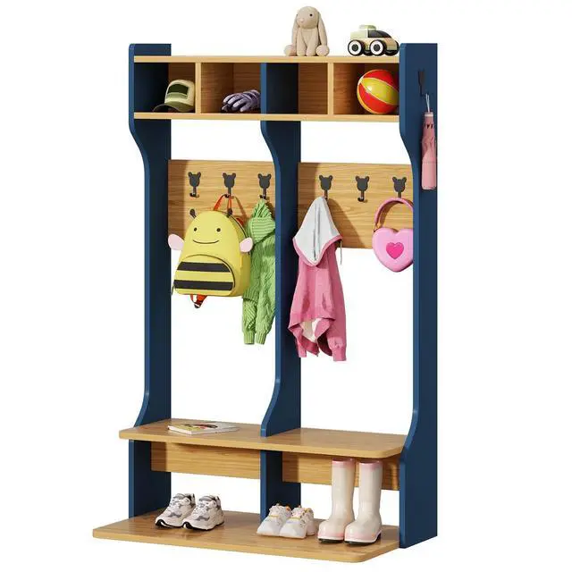 Main image of 2-Section Coat Locker with Bench | Daycare Cubby Storage with 8 Hooks, Kindergarten Lockers with 4 Cubbies for Home, School, Nursery