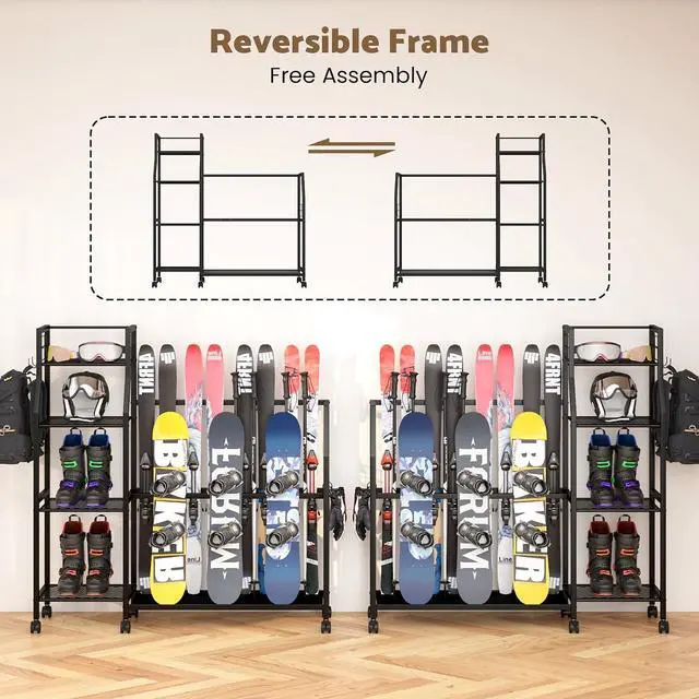 Alt view image 6 of 7 - 4-Tier Freestanding Snowboard Rack for 4 Pairs of Skis, 3 Snowboards, Boots, Poles, Goggles, Helmets, Ski Storage Rack with Adjustable Shelves, Snowboard Stand for Home, Garage