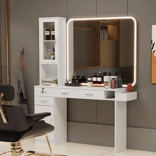 Alt view image 6 of 6 - Salon Station for Hair Styling, Wall Mount Barber Salon Cabinet with 3 Hair Dryer Holders, Drawers & Shelves, Beauty Spa Storage Equipment Salon Furniture Without Mirror, White