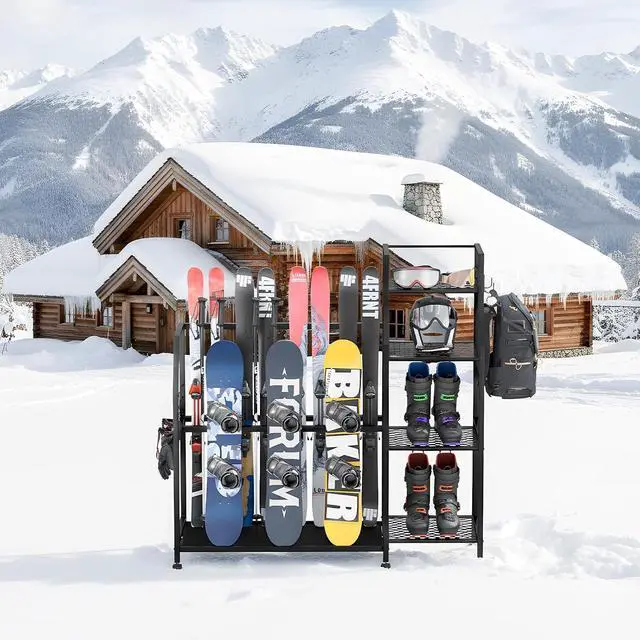 Alt view image 5 of 7 - 4-Tier Freestanding Snowboard Rack for 4 Pairs of Skis, 3 Snowboards, Boots, Poles, Goggles, Helmets, Ski Storage Rack with Adjustable Shelves, Snowboard Stand for Home, Garage