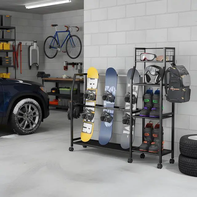 Alt view image 7 of 7 - 4-Tier Freestanding Snowboard Rack for 4 Pairs of Skis, 3 Snowboards, Boots, Poles, Goggles, Helmets, Ski Storage Rack with Adjustable Shelves, Snowboard Stand for Home, Garage