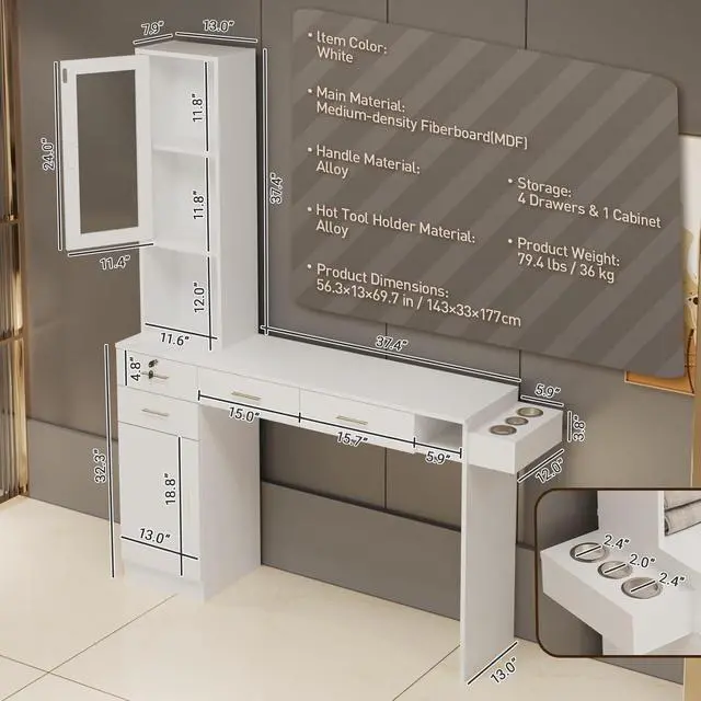 Alt view image 5 of 6 - Salon Station for Hair Styling, Wall Mount Barber Salon Cabinet with 3 Hair Dryer Holders, Drawers & Shelves, Beauty Spa Storage Equipment Salon Furniture Without Mirror, White