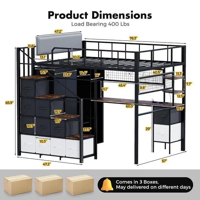 Alt view image 2 of 7 - Full Size Loft Bed with Desk, Stairs & LED Light, Metal Gaming Loft Bed Frame with Headboard, Safety Guardrails, Charging Station, Closet & Fabric Drawers, Space Saving, Black & Burnt Wood