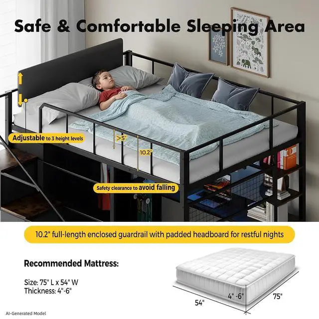 Alt view image 3 of 7 - Full Size Loft Bed with Desk, Stairs & LED Light, Metal Gaming Loft Bed Frame with Headboard, Safety Guardrails, Charging Station, Closet & Fabric Drawers, Space Saving, Black & Burnt Wood
