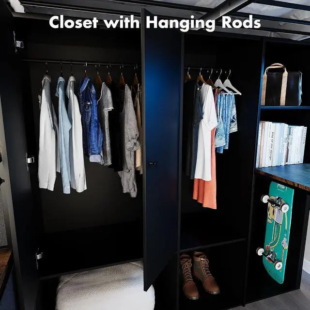 Alt view image 7 of 7 - Full Size Loft Bed with Desk, Stairs & LED Light, Metal Gaming Loft Bed Frame with Headboard, Safety Guardrails, Charging Station, Closet & Fabric Drawers, Space Saving, Black & Burnt Wood