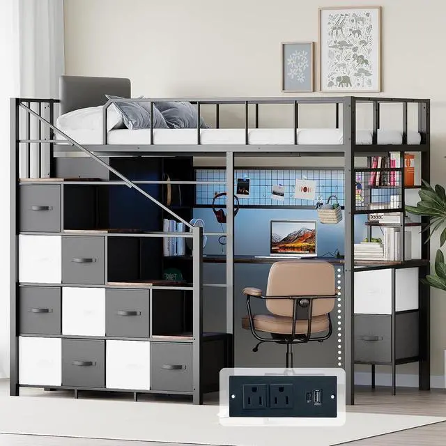 Main image of Twin Size Loft Bed with Desk, Stairs & LED Light, Metal Gaming Loft Bed Frame with Headboard, Safety Guardrail, Charging Station, Closet and Fabric Drawers, Space Saving, Black & Burnt Wood