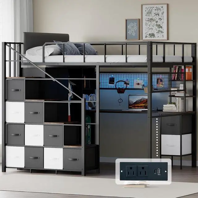 Main image of Full Size Loft Bed with Desk, Stairs & LED Light, Metal Gaming Loft Bed Frame with Headboard, Safety Guardrails, Charging Station, Closet & Fabric Drawers, Space Saving, Black & Burnt Wood