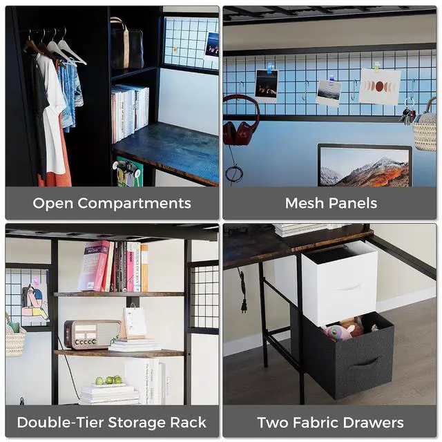 Alt view image 6 of 7 - Full Size Loft Bed with Desk, Stairs & LED Light, Metal Gaming Loft Bed Frame with Headboard, Safety Guardrails, Charging Station, Closet & Fabric Drawers, Space Saving, Black & Burnt Wood