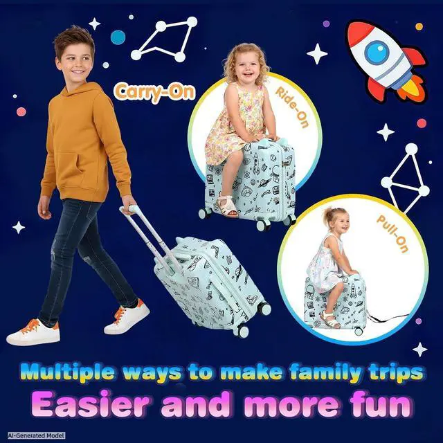 Alt view image 3 of 7 - Kids Ride-On Suitcase with Cute Ears, 20" Carry-On Luggage with TSA Lock | DIY Coloring Design, 4 Spinner Wheels, Pull Rope, Foot Pedal, Lightweight & Durable Shell, Stable Ride Design
