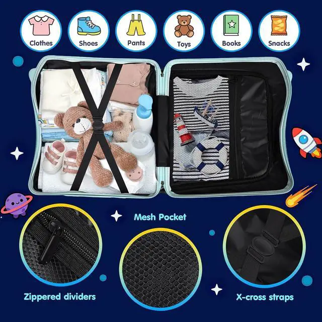 Alt view image 4 of 7 - Kids Ride-On Suitcase with Cute Ears, 20" Carry-On Luggage with TSA Lock | DIY Coloring Design, 4 Spinner Wheels, Pull Rope, Foot Pedal, Lightweight & Durable Shell, Stable Ride Design