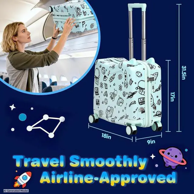 Alt view image 6 of 7 - Kids Ride-On Suitcase with Cute Ears, 20" Carry-On Luggage with TSA Lock | DIY Coloring Design, 4 Spinner Wheels, Pull Rope, Foot Pedal, Lightweight & Durable Shell, Stable Ride Design