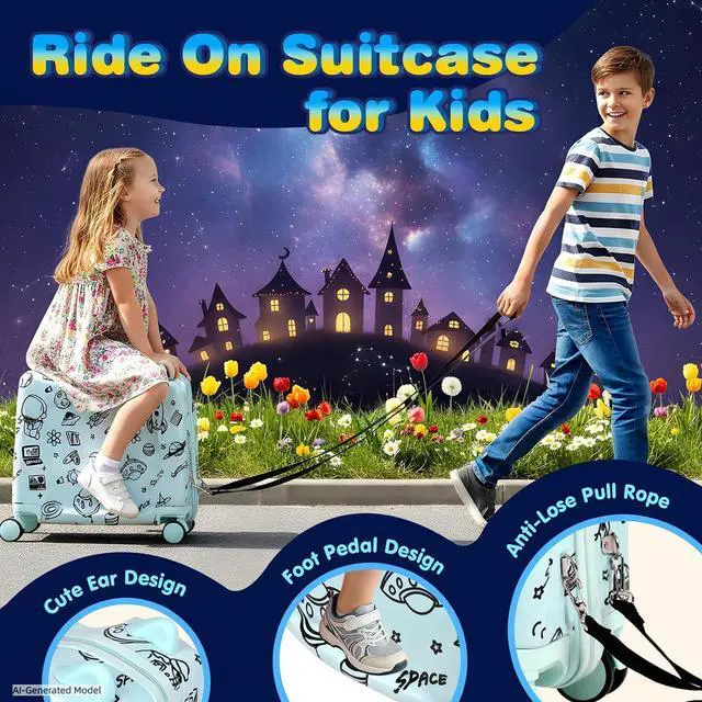 Alt view image 7 of 7 - Kids Ride-On Suitcase with Cute Ears, 20" Carry-On Luggage with TSA Lock | DIY Coloring Design, 4 Spinner Wheels, Pull Rope, Foot Pedal, Lightweight & Durable Shell, Stable Ride Design