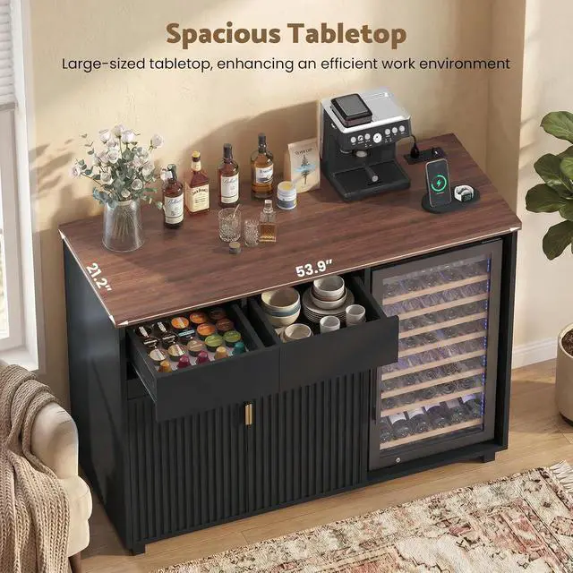 Alt view image 4 of 7 - 54" Modern Coffee Bar Cabinet with Fridge Space, Fluted Mini Fridge Cabinet with Outlet & Sliding Wine Storage Tray, Buffet Sideboard and Liquor Cabinet for Dorm, Dining Room, Living Room (Black)