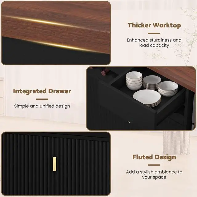 Alt view image 7 of 7 - 54" Modern Coffee Bar Cabinet with Fridge Space, Fluted Mini Fridge Cabinet with Outlet & Sliding Wine Storage Tray, Buffet Sideboard and Liquor Cabinet for Dorm, Dining Room, Living Room (Black)