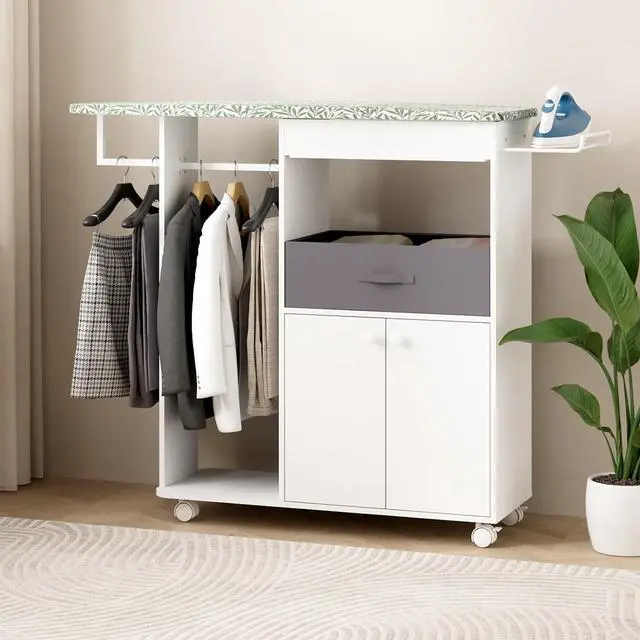 Main image of Rolling Ironing Board with Storage Cabinet, Wooden Ironing Board Cabinet with Drawer, Compact Space-Saving Ironing Table with Iron Rest Rack for Laundry Room, Living Room (One Size, Leaf)