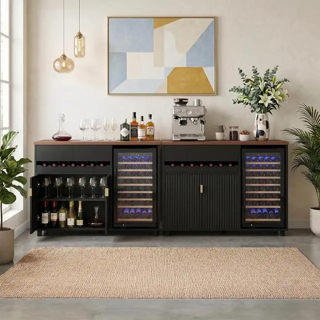 Alt view image 6 of 7 - 54" Modern Coffee Bar Cabinet with Fridge Space, Fluted Mini Fridge Cabinet with Outlet & Sliding Wine Storage Tray, Buffet Sideboard and Liquor Cabinet for Dorm, Dining Room, Living Room (Black)