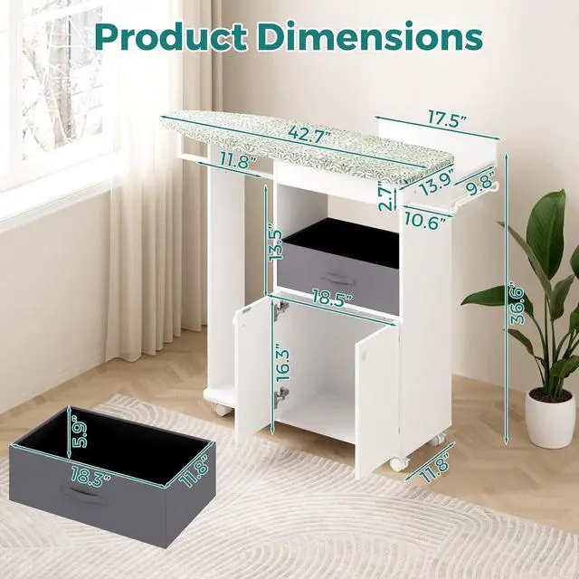 Alt view image 2 of 7 - Rolling Ironing Board with Storage Cabinet, Wooden Ironing Board Cabinet with Drawer, Compact Space-Saving Ironing Table with Iron Rest Rack for Laundry Room, Living Room (One Size, Leaf)