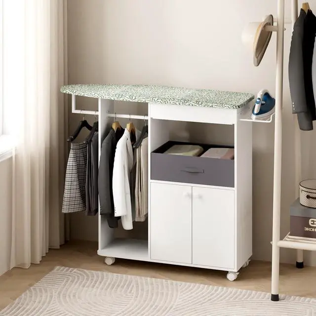 Alt view image 5 of 7 - Rolling Ironing Board with Storage Cabinet, Wooden Ironing Board Cabinet with Drawer, Compact Space-Saving Ironing Table with Iron Rest Rack for Laundry Room, Living Room (One Size, Leaf)