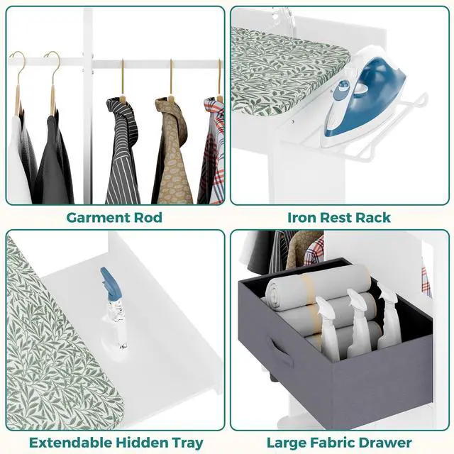 Alt view image 6 of 7 - Rolling Ironing Board with Storage Cabinet, Wooden Ironing Board Cabinet with Drawer, Compact Space-Saving Ironing Table with Iron Rest Rack for Laundry Room, Living Room (One Size, Leaf)